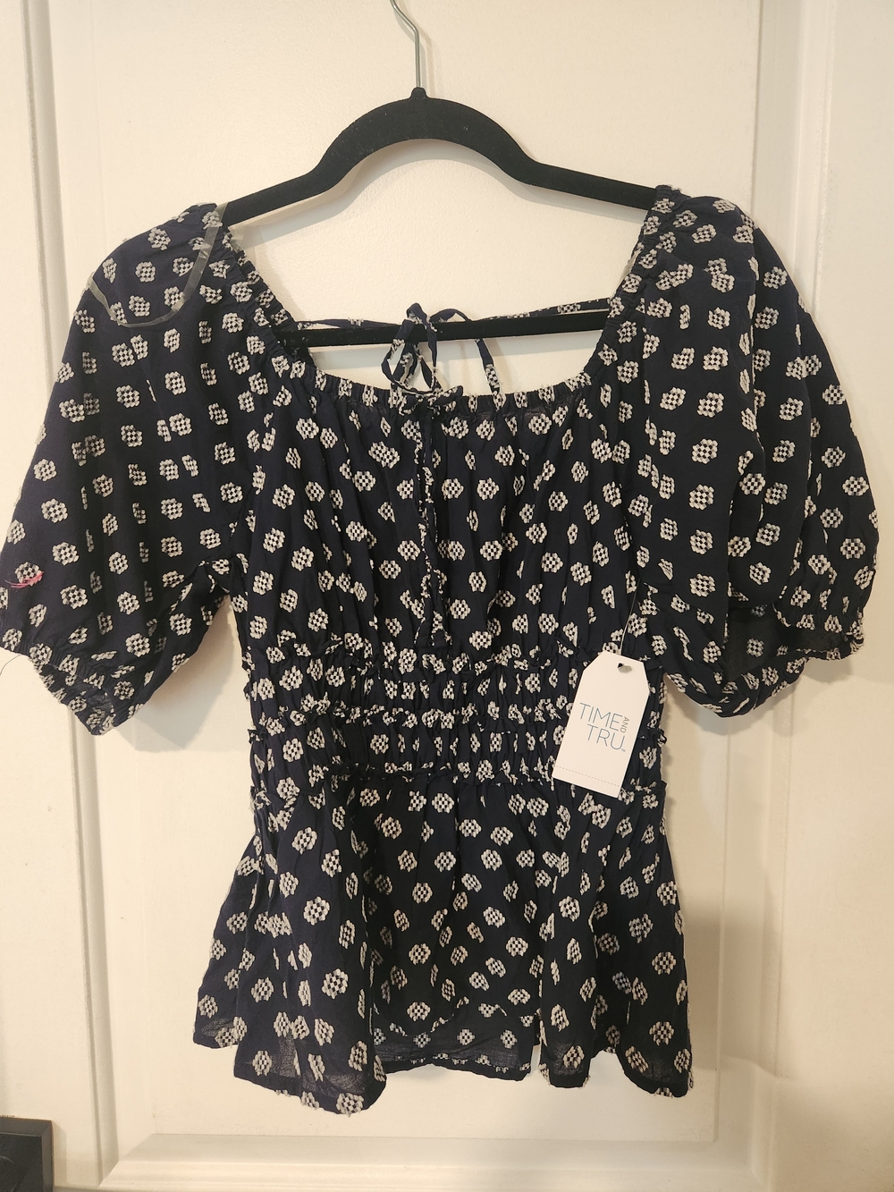 Time and Tru Navy Puff Sleeve Smocked Peasant Top